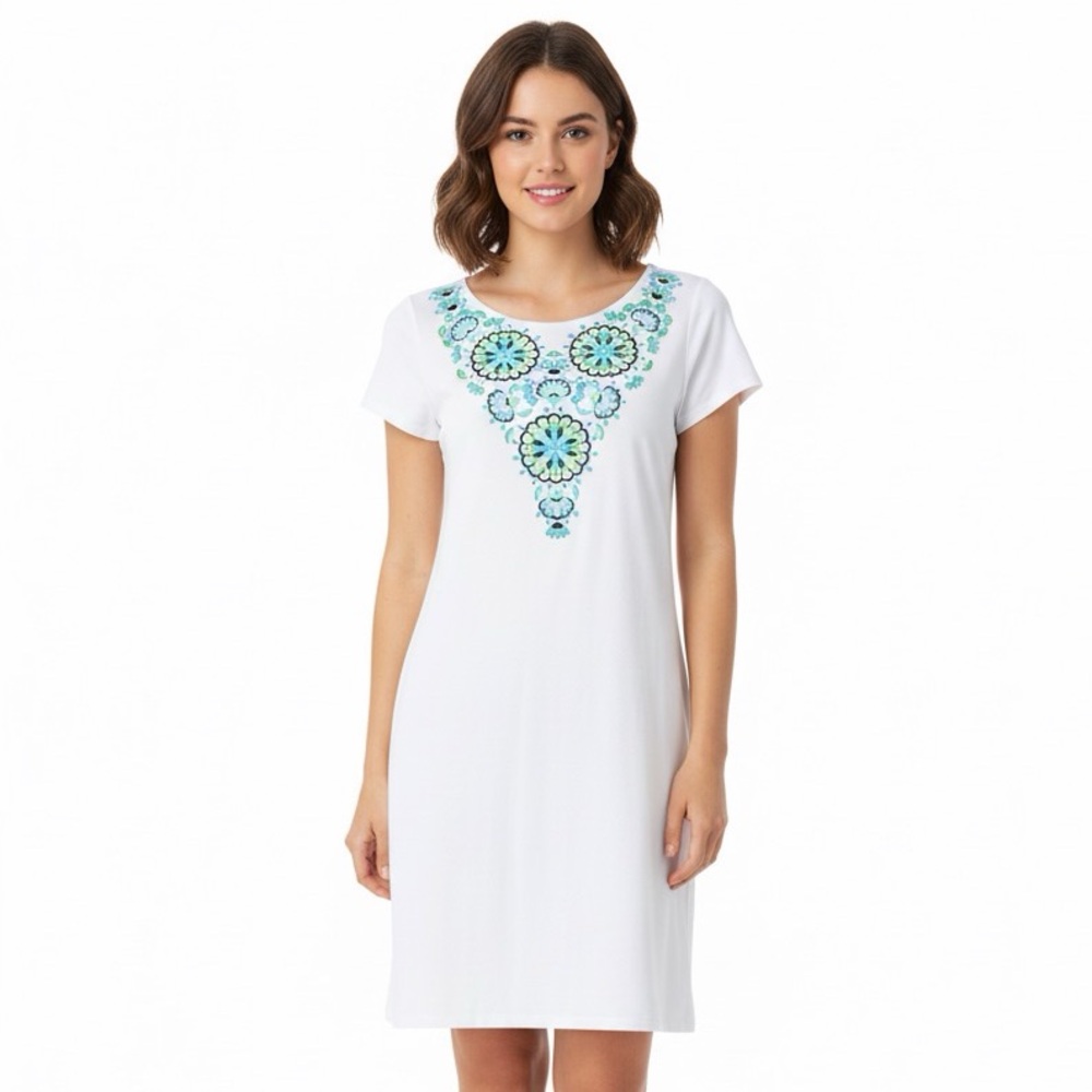 White Dress with Blue & Green Embroidery